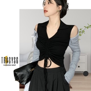 Áo croptop nữ, khoét tay, tay dài extra thời trang, tay và áo màu tương phản, cổ sơmi V, dây rút trước, thun dệt kim