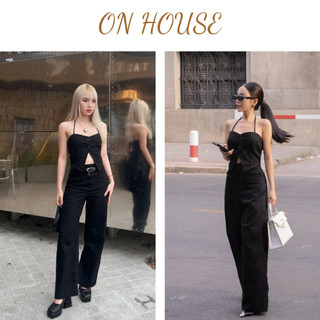 Set Quần dài lưng cao ống rộng dáng suông và áo yếm gài nút xẻ tà có dây cột không tuột chất jean mềm hoạ tiết hoa mai