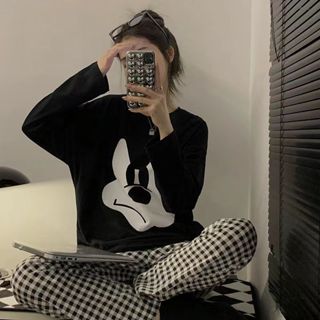 Set Đồ Bộ DÀI TAY nữ in hình gấu NEONVN - Chất áo vải cotton xược quần caro dể thương, đồ mặc nhà thu đông áo tết 2024