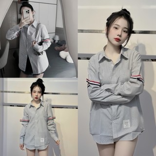 Áo sơ mi dài tay kẻ sọc viền tay form rộng thể thao nam nữ unisex, sơ mi nữ kẻ sọc đen chất thô mềm hottrend 2024