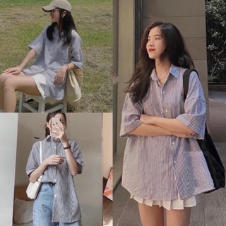 Áo sơ mi ngắn tay kẻ sọc form rộng thể thao nam nữ unisex, Sơ mi nữ tay lỡ kẻ chất thô mềm hottrend 2024