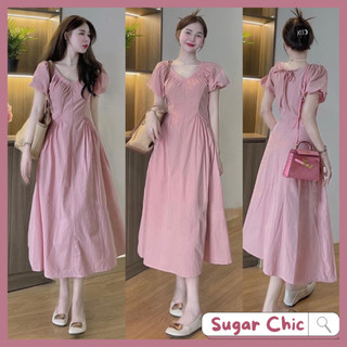 Váy đầm dáng dài cổ kiểu chữ V tay ngắn phồng cột dây sau lưng xinh xắn, Đầm hồng thun vai dáng dài xoè có túi nơ sau