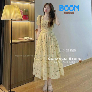 Váy đầm maxi dáng dài cổ vuông tay phồng vintage đi biển