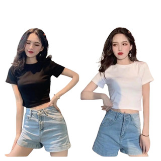 Áo croptop trơn chất zip cotton co dãn tốt, vải dầy, 2 màu Đen, Trắng, cổ tròn, ngắn tay
