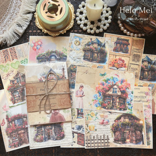 Bộ 32 giấy nền ngôi nhà hoa và sách vintage trang trí sổ, journal, scrapbook