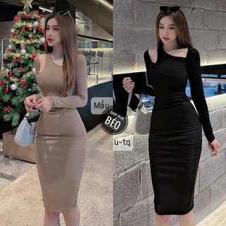 Đầm body cổ lệch khoét vai tay dài chất thun cực xinh phù hợp mọi phong cách