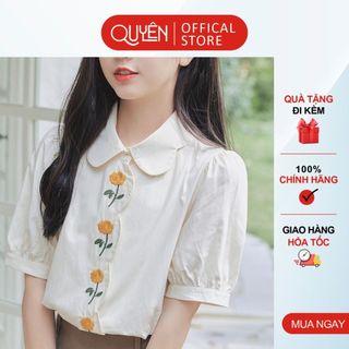 Áo Thời Trang Công Sở Nữ nẹp thêu hoa hồng lượn sóng Thanh Lịch, Sơ Mi be Basic Quyên Fashion AA392