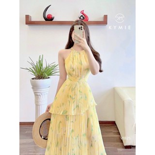  Đầm nữ thời trang đi du lịch chất voan dập ly hai lớp cao cấp cổ yếm ôm eo váy maxi dáng xoè phối tầng xinh xắn 