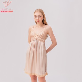 Váy ngủ lụa hai dây Pink Stull ren ngực màu nude
