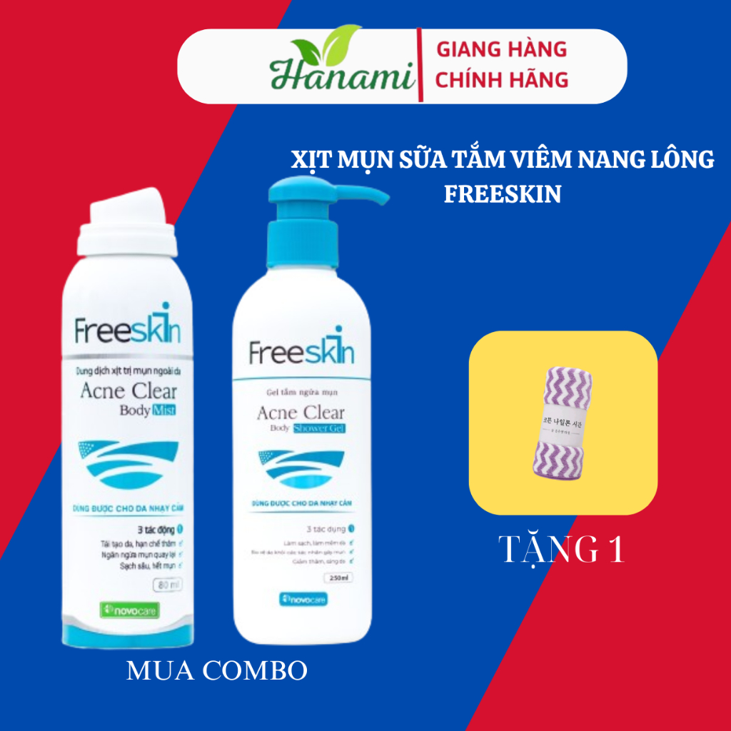 Xịt giảm viêm nang lông Freeskin Body Mist  80ml+ Sữa Tắm 250ml giảm viêm nang lông mụn lưng ngực mô