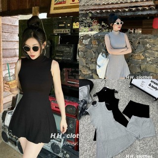  Bộ đùi nữ thời trang cao cấp mặc đi chơi chất tăm lạnh thiết kế cổ tròn sát nách váy ngắn xoè kèm quần đùi lót trong 