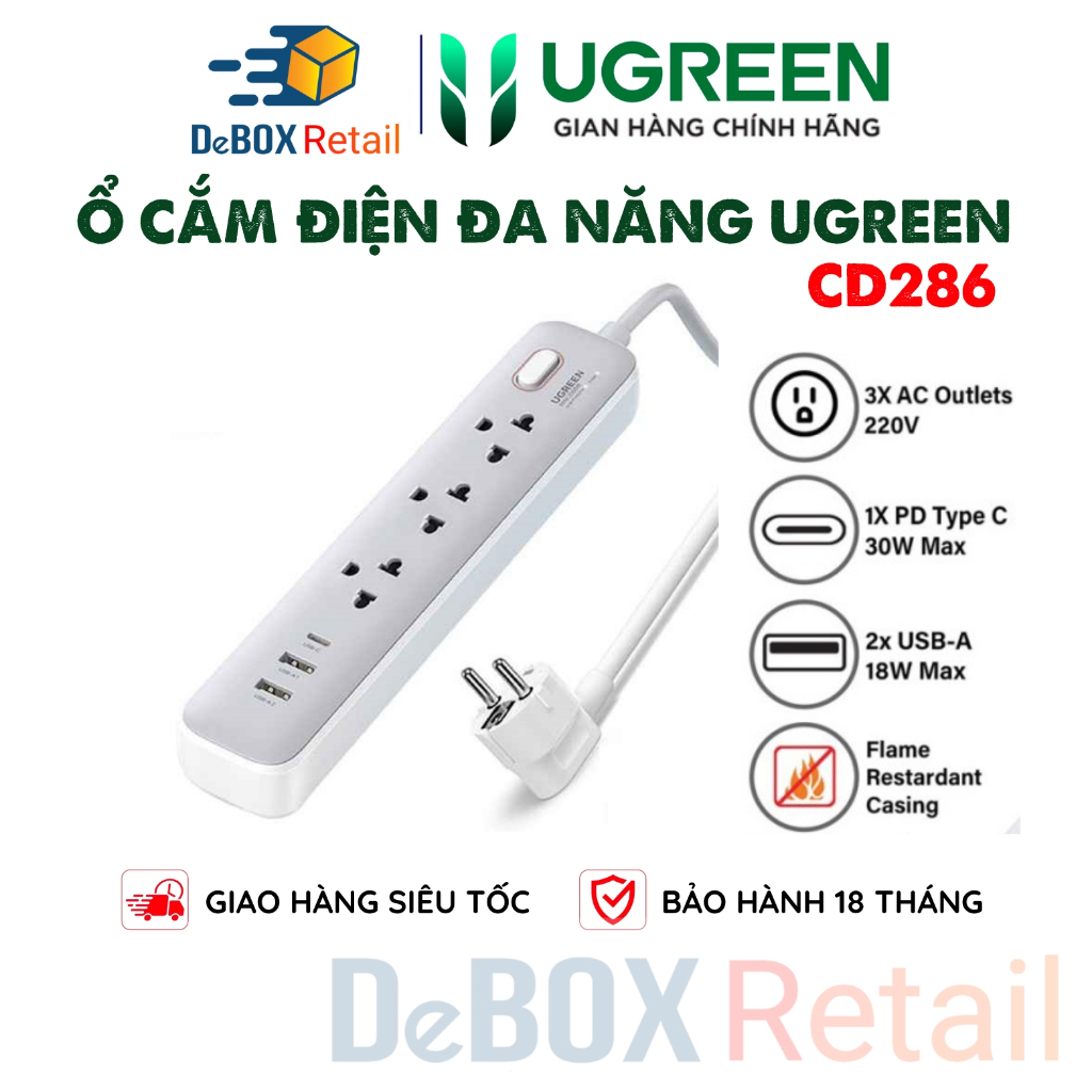 Ổ cắm điện đa năng UGREEN CD286 15143 | 6 cổng tích hợp | Công suất tối đa 100W | Chính Hãng Bảo Hàn
