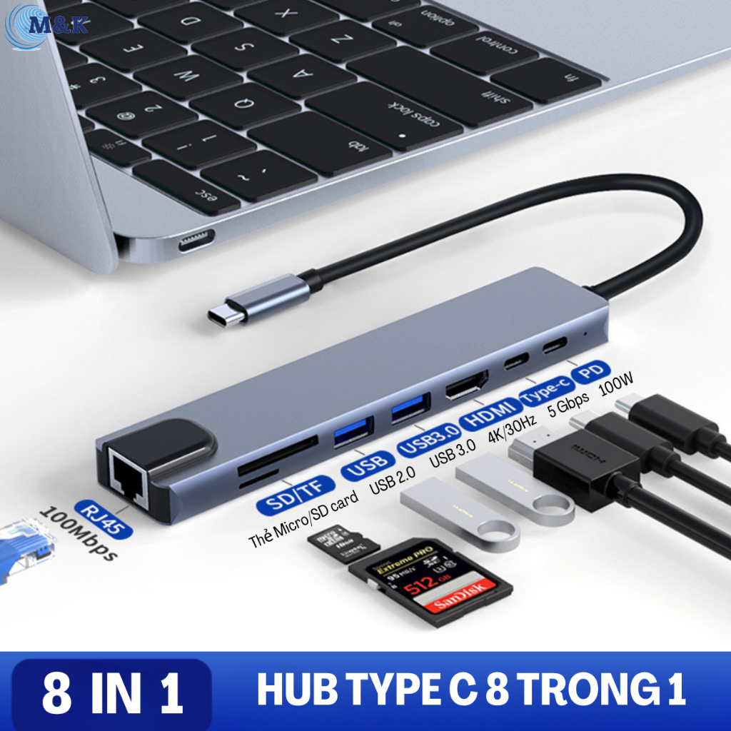 HUB Type C Và HUB USB 3.0, Cổng Chuyển Đổi HUB USB Type-C, USB 3.0 to HDMI,USB 3.0, SD, TF,RJ45, PD Type-C