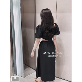 đầm thun lụa chéo tay phồng khoét eo vai lệch gb