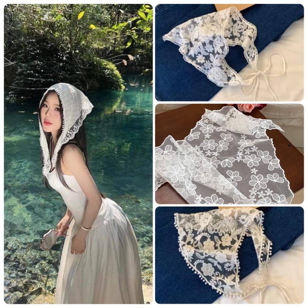 [🔥RẺ VÔ ĐỊCH-HỎA TỐC🔥] Khăn turban trùm đầu ren màu be của Pháp ngọt ngào và dễ thương, khăn quàng cổ hình tam giác hot