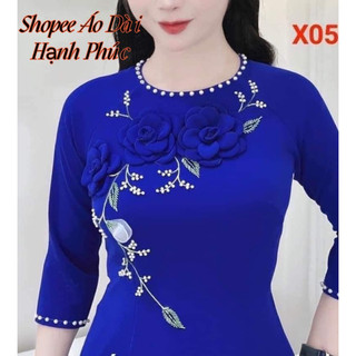 Áo dài vải lụa mỹ màu xanh coban đính kết hoa b3
