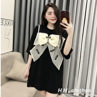 Đầm váy thun tăm tay ngắn dáng xuông đính nơ voan bản to xinh xắn, cute S057