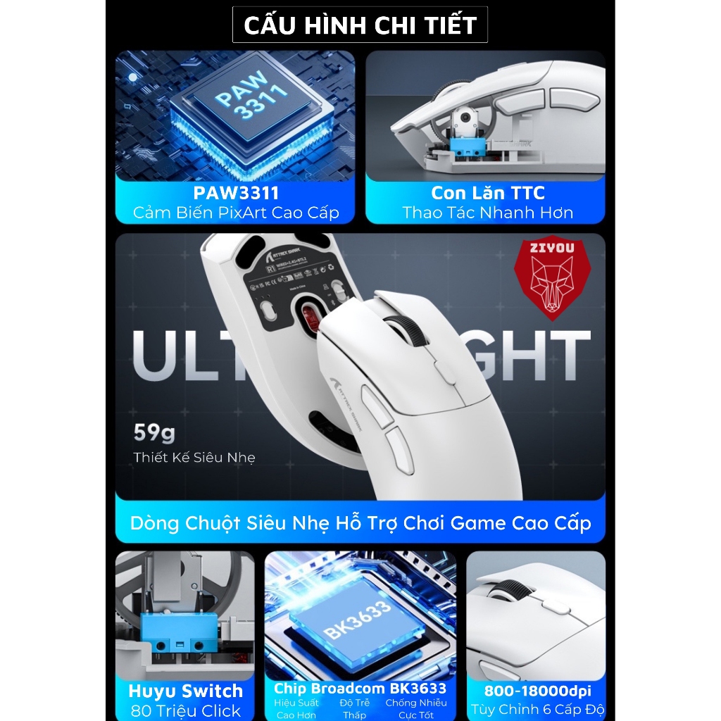 Chuột Gaming Không Dây Ziyou Attack Shark R1 Siêu Nhẹ Chip Paw3311 Có App và 3 Chế Độ Kết Nối Bluetooth/ Wireless/ TypeC | BigBuy360 - bigbuy360.vn