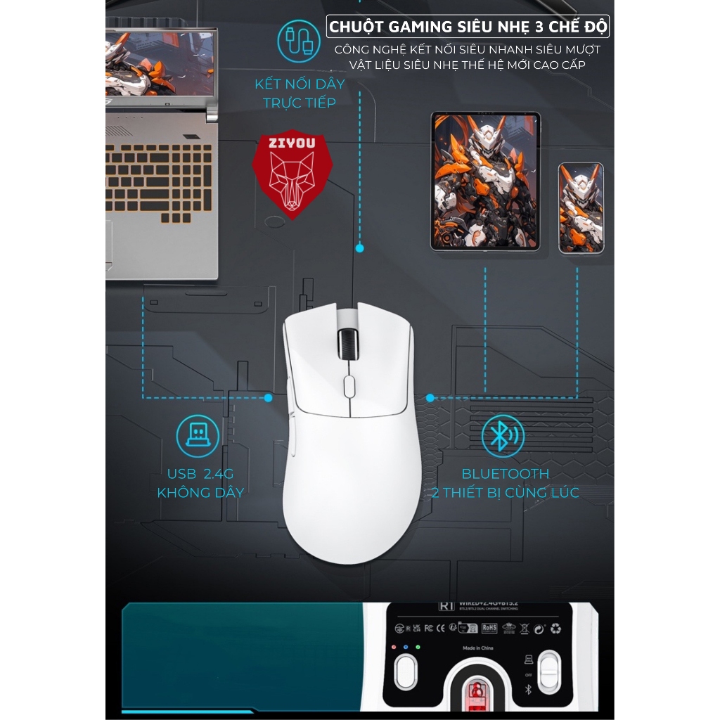 Chuột Gaming Không Dây Ziyou Attack Shark R1 Siêu Nhẹ Chip Paw3311 Có App và 3 Chế Độ Kết Nối Bluetooth/ Wireless/ TypeC | BigBuy360 - bigbuy360.vn