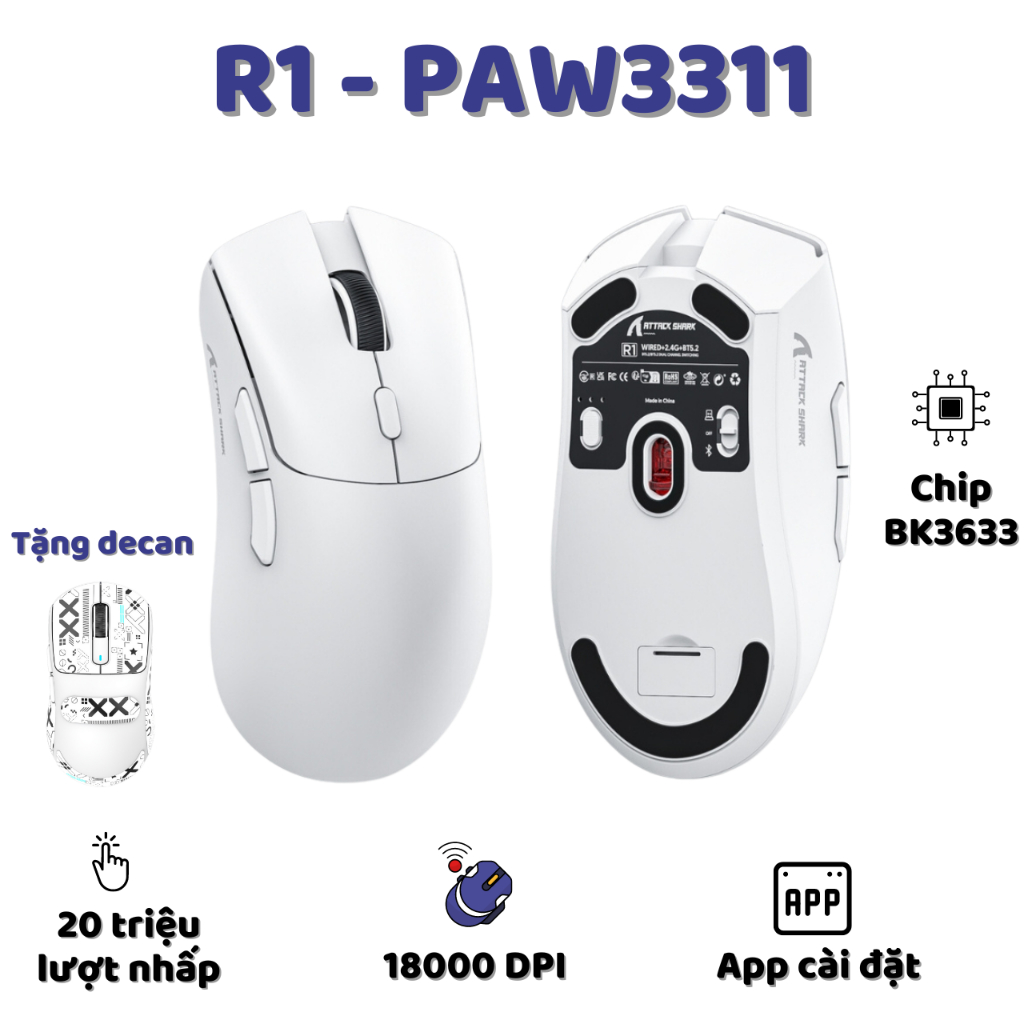 Chuột Gaming Không Dây Ziyou Attack Shark R1 Siêu Nhẹ Chip Paw3311 Có App và Chế Độ Kết Nối Bluetooth / 2.4G / Type-C | BigBuy360 - bigbuy360.vn