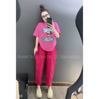 Sét bộ nữ áo cotton khô 3158 mix quần kẻ baggy_Micky