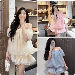 Áo Váy Trễ Vai Bí Ngô Gắn Nơ Chất Tơ Xốp