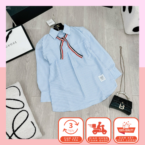 Áo Sơ Mi Thom Kẻ Xanh Dài Tay Nơ Cổ Dáng Thụng Vải Cotton Lụa Cao Cấp , Áo Sơ Mi Nữ Hot Trend 2024 | BigBuy360 - bigbuy360.vn