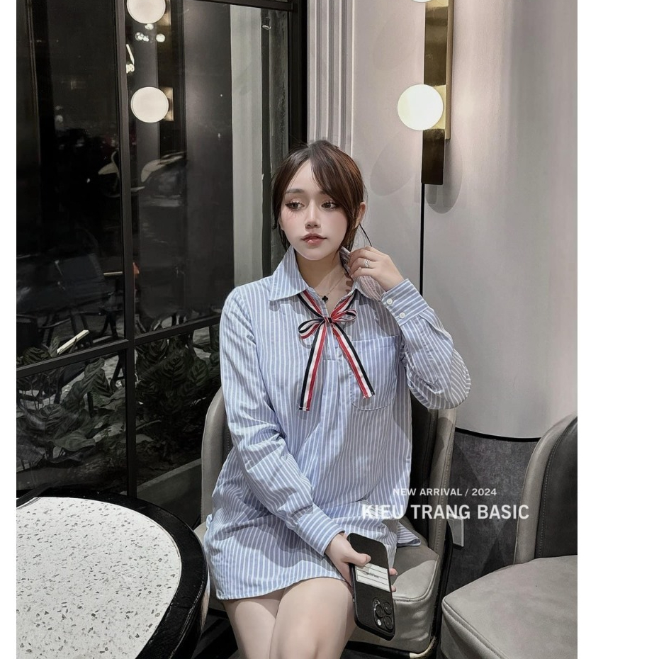 Áo Sơ Mi Thom Kẻ Xanh Dài Tay Nơ Cổ Dáng Thụng Vải Cotton Lụa Cao Cấp , Áo Sơ Mi Nữ Hot Trend 2024 | BigBuy360 - bigbuy360.vn