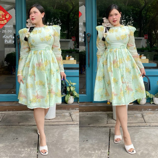 BIGSIZETIX Đầm tiểu thư voan hoa xanh xoè bồng thiết kế tay dài đính cườm cổ tròn thắt eo xinh xắn 50-90kg