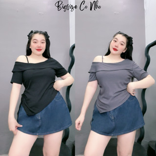 Áo thun Bigsize nữ cách điệu vạt gập trễ vai một bên vạt chéo nhún bèo rút dây chất vải gân tăm co giãn-G213