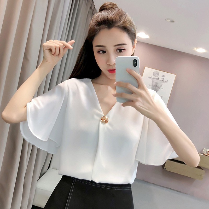 Áo Sơ Mi trung niên nữ U30 U40 U50, Áo Nữ Cổ Chéo Cúc To Tay Bèo HT_ Thời Trang Trung Niên