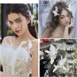 🌈🌈 Phụ kiện cưới Bích Dung - Mẫu cài 2 bên phối lông tua rua nhỏ xinh