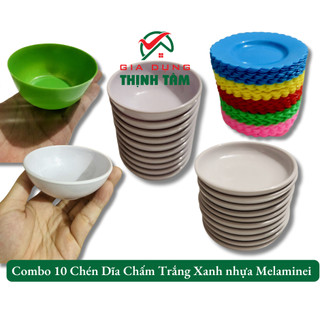 Combo 10 Chén Dĩa Chấm Trắng Xanh nhựa Melamine đủ loại