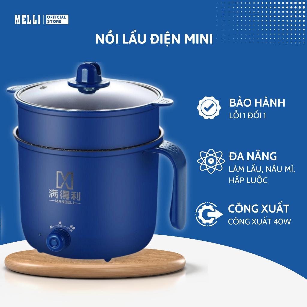 Nồi Lẩu Điện Mini Melli ĐA NĂNG 2 Tầng Kèm Giá Hấp NẤU MÌ, Luộc Chiên Xào Chống Dính Vân Đá Tiện Lợi Ca nấu Mì Mẫu Mới