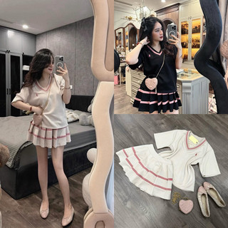 Set áo thun mix chân váy xoè thomp cổ len qc - ảnh thật shop chụp