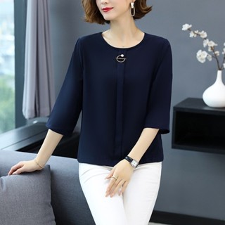 Áo Sơ Mi trung niên nữ HT official,Áo Nữ Cổ Tròn Trơn Cài Khuy Giữa Tay Lửng Ống Suông