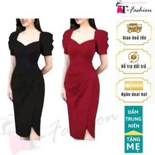 Đầm trung niên đi tiệc dáng ôm đắp chéo cổ lục giác tay phồng gọn dáng, Đầm ôm đắp chéo SP071TF - trangfashion