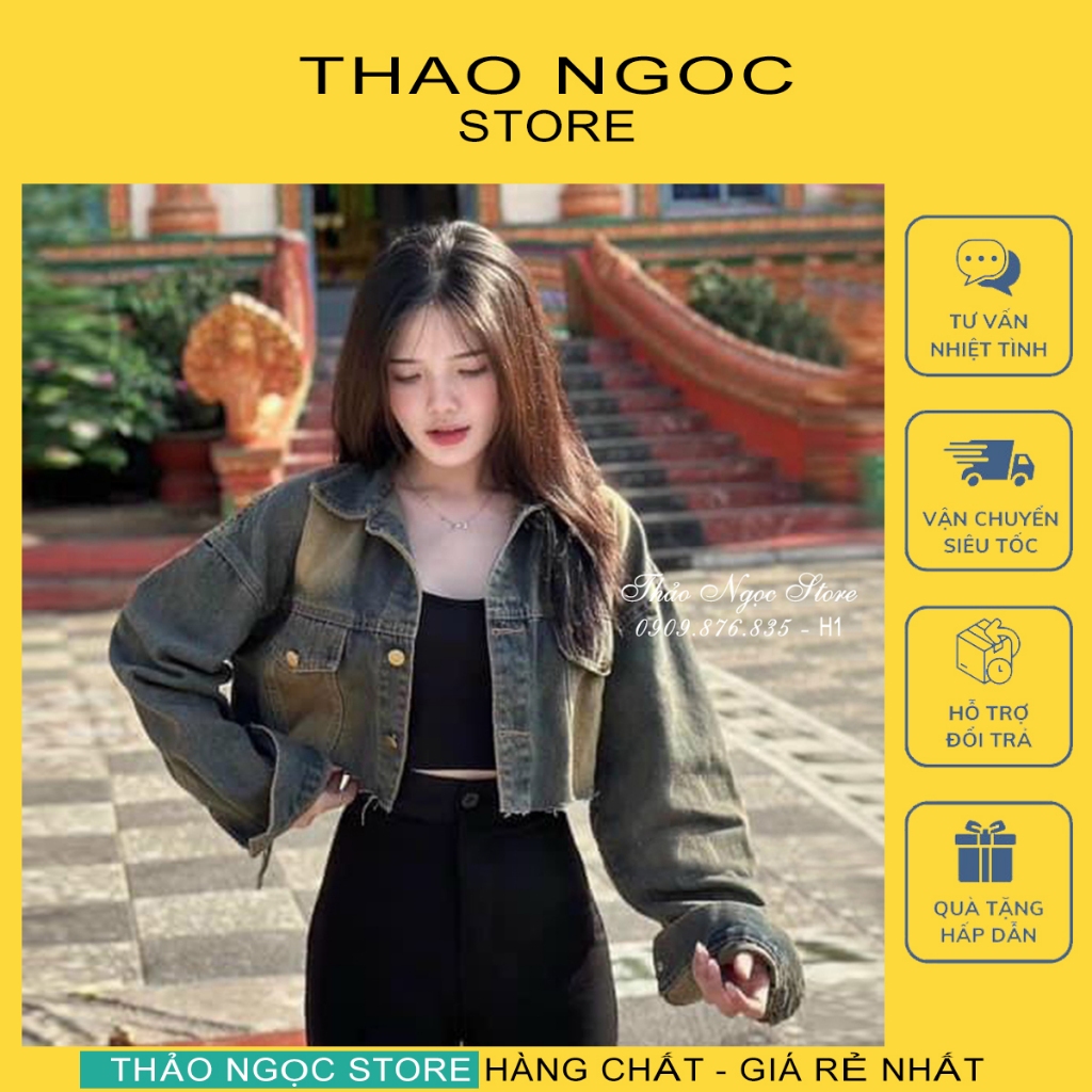 Áo khoác jean nữ croptop tay dài rách line 2 túi nắp hàng chuẩn! (có sẵn, hình thật) THẢO NGỌC STORE