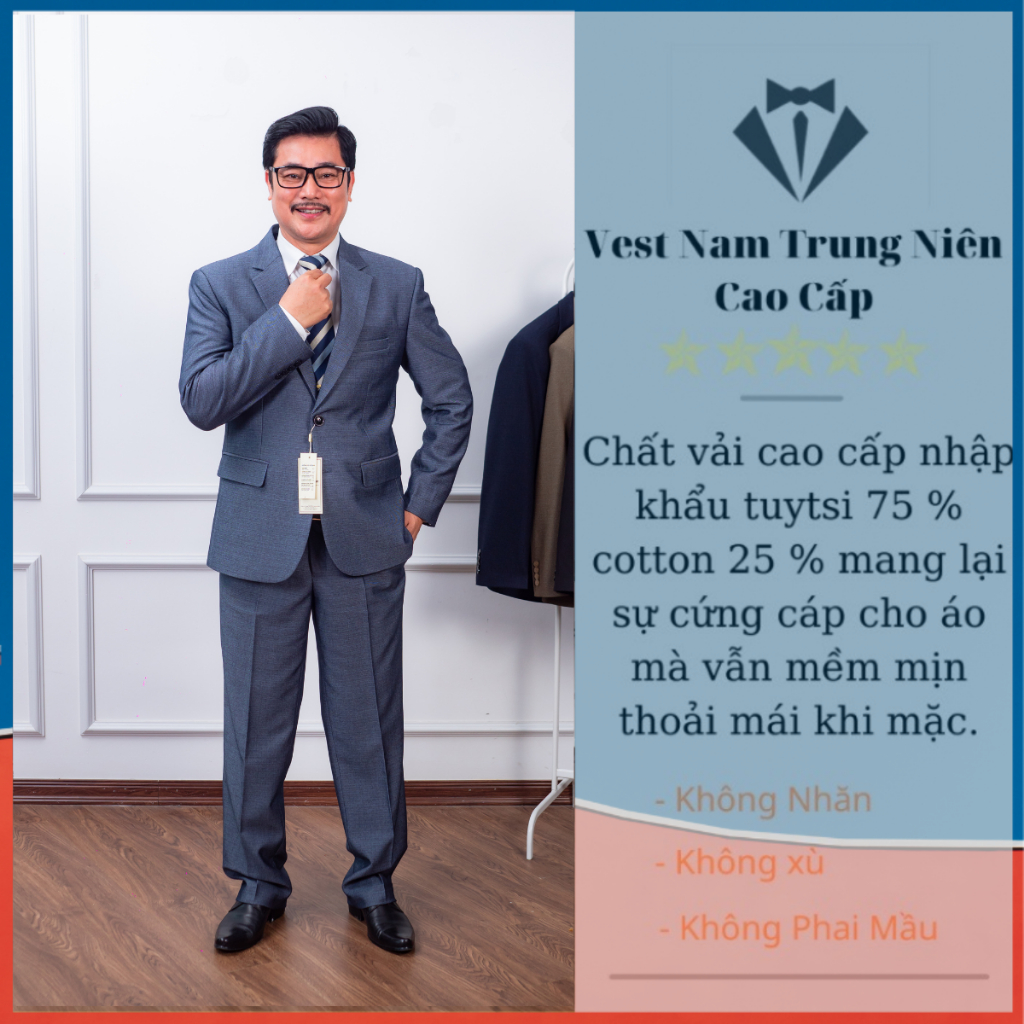 Bộ Vest Trung Niên 3 Lớp Dầy Dặn, Vest Nam Cao Cấp 2 Khuy, Com Lê Trung Tuổi Vải Tuýt Si Nhập Khẩu Hồng Ngọc