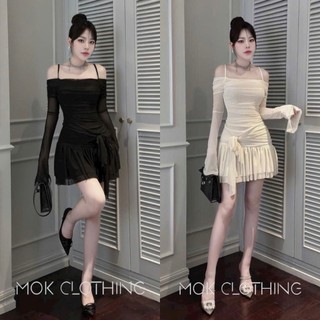 [Ln34] Đầm váy nữ 2 dây  trễ vai tay dài phối voan xinh xắn họa tiết nhún eo váy xếp tầng tôn dáng đi chơi dự tiệc