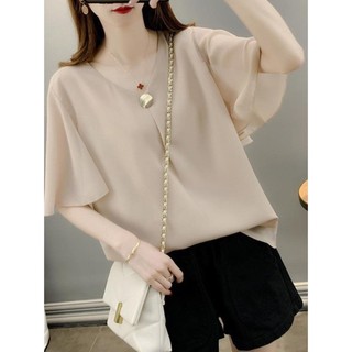 Áo Trung Niên Nữ U30 U40 U50 Cổ Chữ V Tay Bèo Kiểu Dáng Sơ Mi_ Áo Cho Mẹ