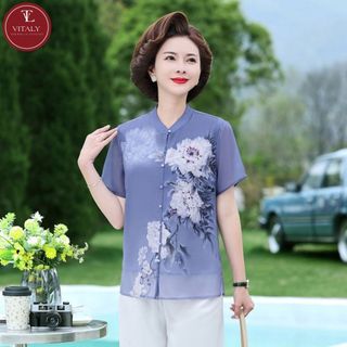 Áo voan lụa trung niên, Áo voan lụa 2 lớp kiểu sáng cổ trụ sang trọng, thanh lich A32