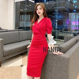 Đầm body tay ngắn cổ chéo,dáng ôm tay ngắn, cao cấp công sở màu đen Nancy A40 | BigBuy360 - bigbuy360.vn