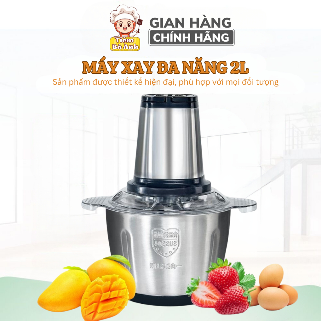 Máy xay thịt, cối xay thực phẩm nhà bếp 2L, chất liệu inox 304 chuẩn, 4 lưỡi dao siêu bén, tiện dụng, bảo hành 12 tháng
