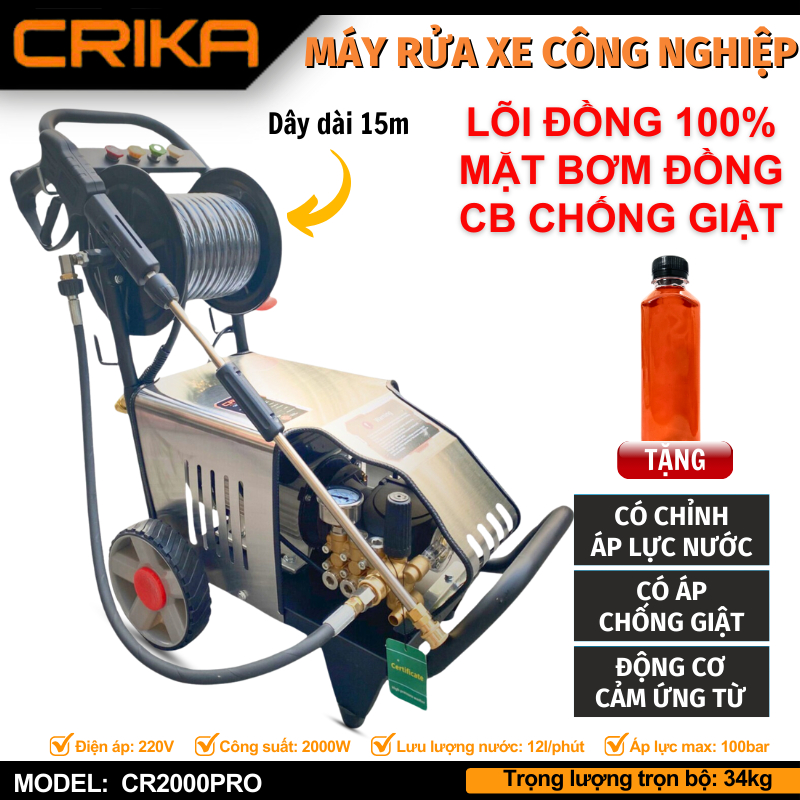 Máy rửa xe áp lực cao Crika2000pre, motor cảm ứng từ, dây cao áp 15m, rửa xe tải, tiệm rửa xe nhỏ chuyên dùng