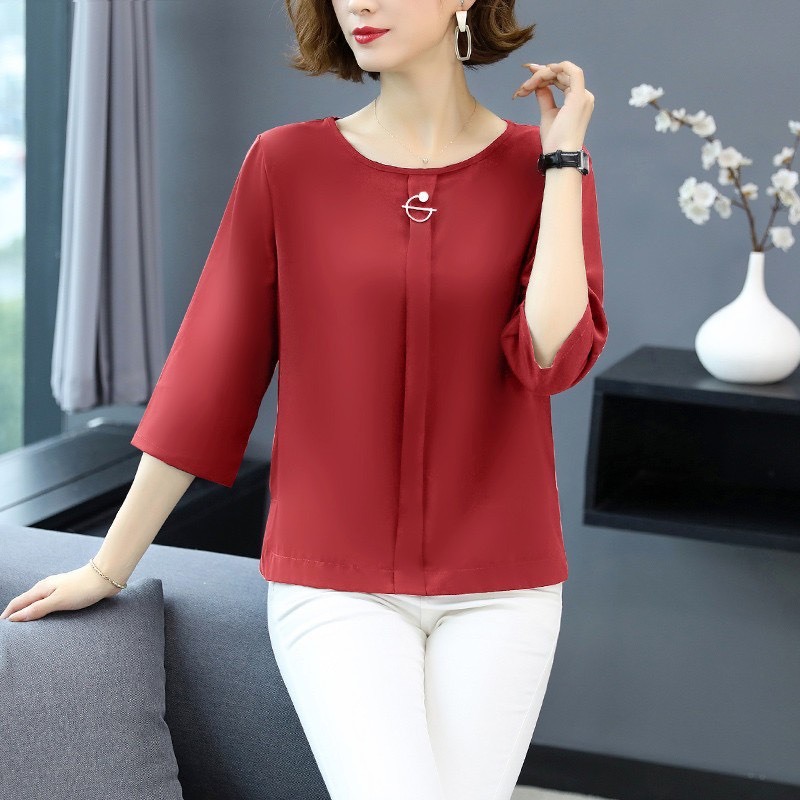 Áo Trung Niên Nữ U30 U40 U50 Cổ Tròn Gắn Khuy Kiểu Dáng Sơ Mi_ Thời Trang Công Sở