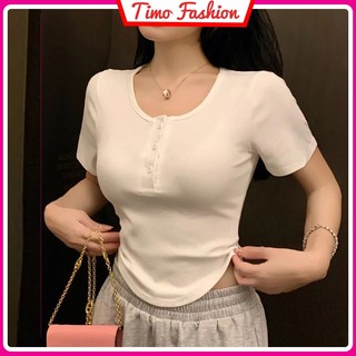 Áo thun ôm body nữ ngắn tay, Áo kiểu nữ dáng vạt bầu ôm eo phối cúc vải thun tăm cổ tròn, mặc đi chơi, ở nhà,  AOT531