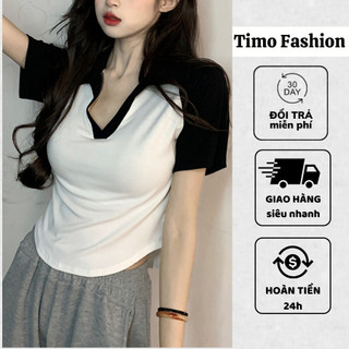 Áo baby tee ôm body nữ, Áo thun nữ ngắn tay dáng croptop thun tăm cổ bẻ, basic dễ phối đồ mặc đi chơi, đi biển, AOT82