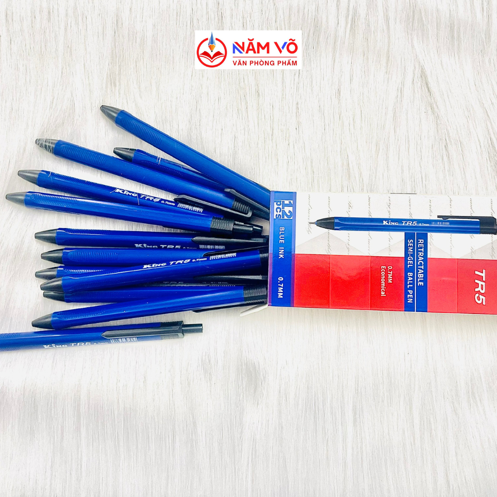 HỘP 12 Cây Bút Bi Bấm King TR5 Ngòi Lớn 0.7mm MỰC XANH Cho Nét Lớn, Đậm, Đều Mực, Viết Êm, Trơn
