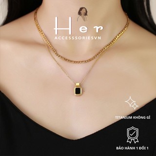[ KHÔNG ĐEN GỈ ] Vòng cổ titan hai lớp mặt vuông cao cấp, Dây chuyền choker 2 tầng phong cách Vintage HER.ACC CT57